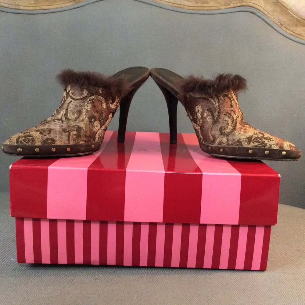 Pelle Moda vintage brocade and feather stiletto mule
